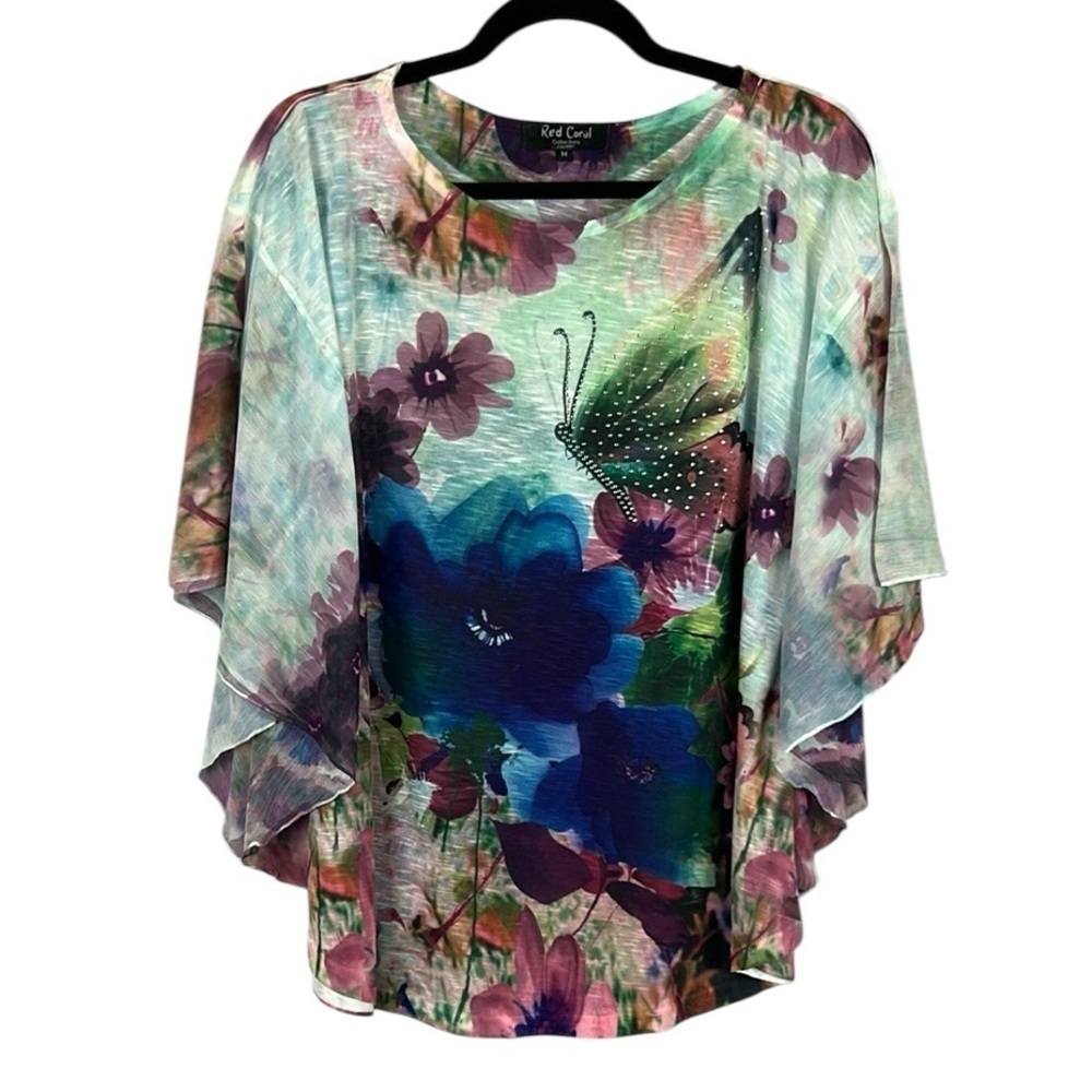 Red Coral Butterfly Floral Embellished Poncho Style Blouse Medium Multicolour